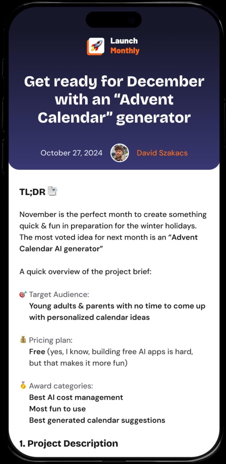 A screenshot of the an email received from Launch Monthly with a project idea on a phone